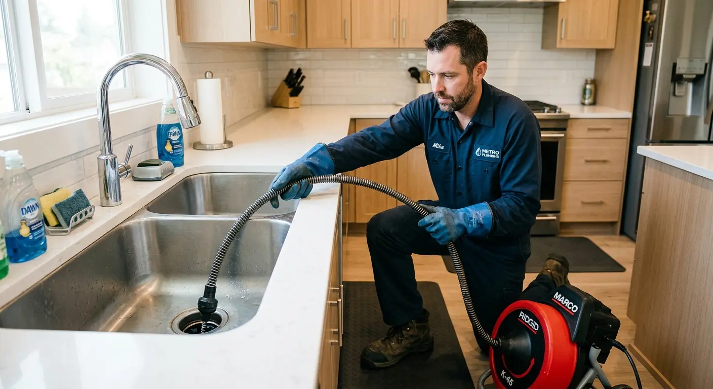 Drain cleaning technician using a motorized snake on a kitchen sink in Bozeman