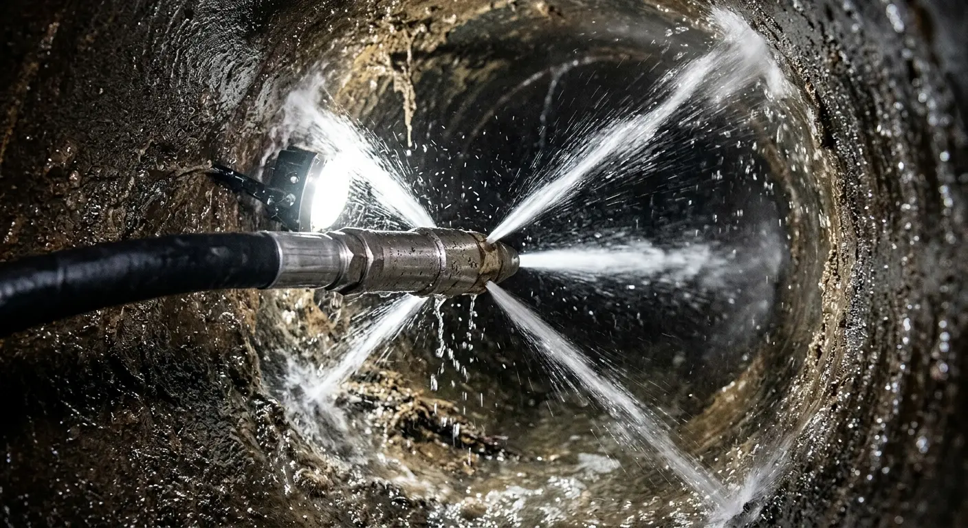 High-pressure hydro jetting nozzle cleaning sewer pipe for Emergency Drain Service in Bozeman