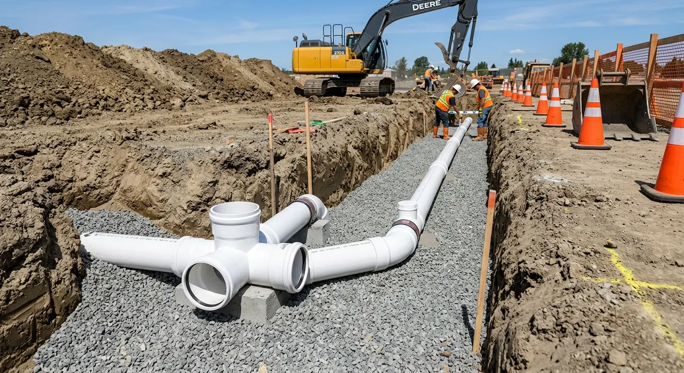 New PVC sewer pipe installation in open trench for Sewer Backup in Bozeman