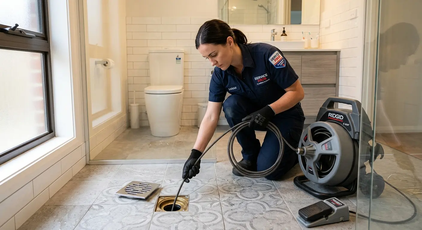 Technician clearing a bathroom floor drain for Hydro Jetting in Bozeman